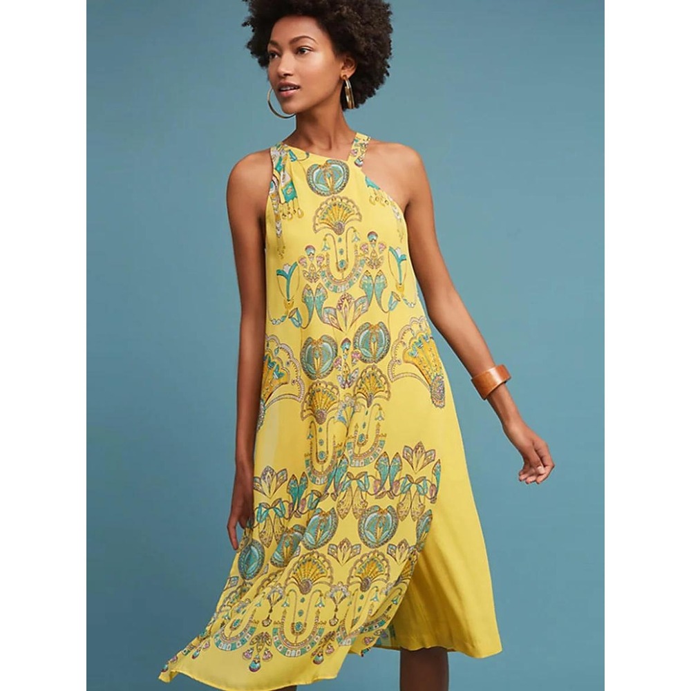 Anthropologie Akemi + Kin Yellow Printed‎ Midi Dress Size 12P